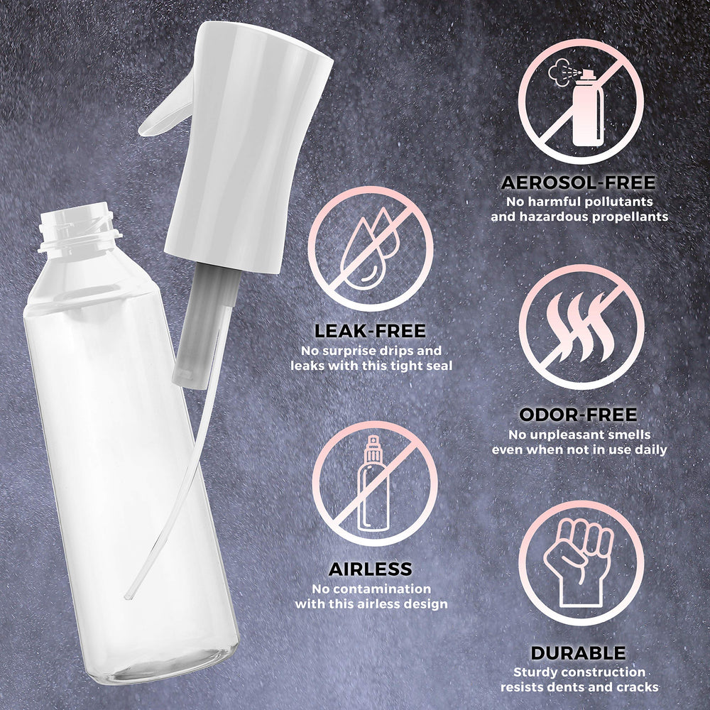 Alpree airless spray bottle delivers leak-proof, propellant-free mist.