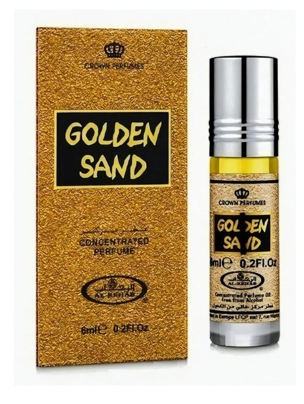 Al-Rehab Golden Sand 6ml bottle shows portable perfume oil for on-the-go fragrance.