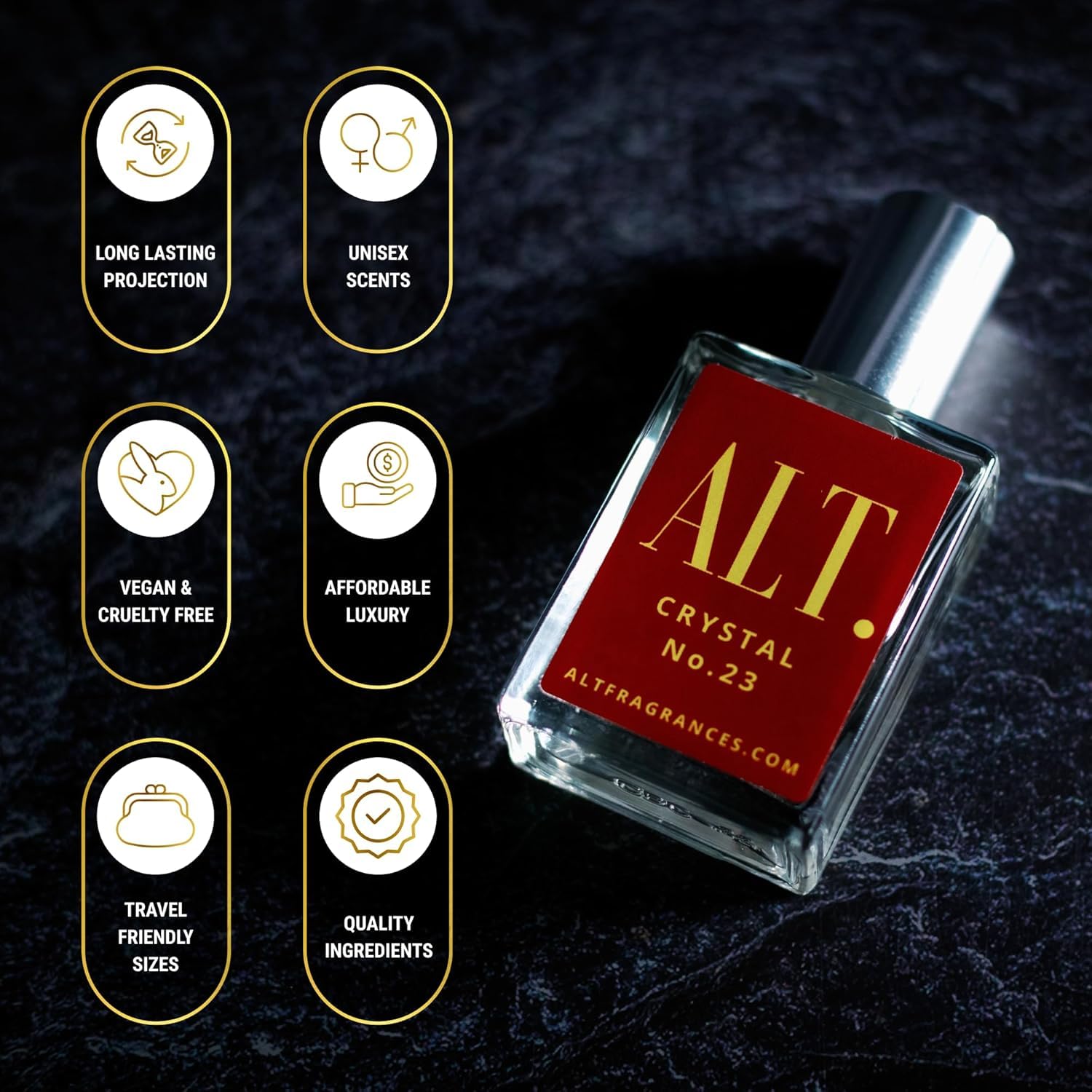 ALT. FRAGRANCES Crystal No. 23 bottle side profile, refined silhouette for elegant occasions.