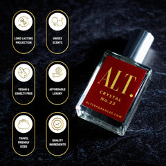 ALT. FRAGRANCES Crystal No. 23 bottle side profile, refined silhouette for elegant occasions.