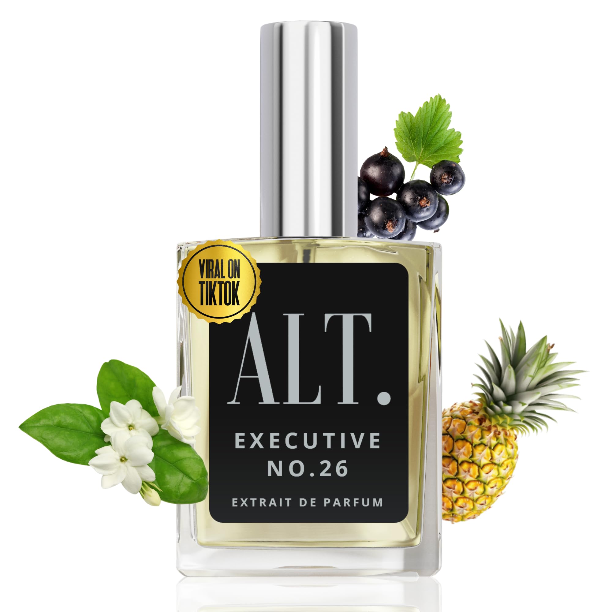 Alt. Fragrances Executive No. 26 bottle close-up highlighting a woody fruity profile for daily wear.