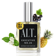 Alt. Fragrances Executive No. 26 bottle close-up highlighting a woody fruity profile for daily wear.