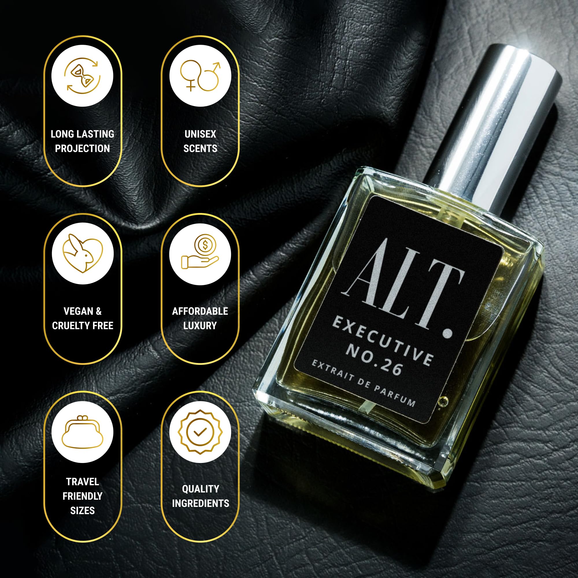 Alt. Fragrances Executive No. 26 spray bottle in motion, ideal for versatile day-to-night use.
