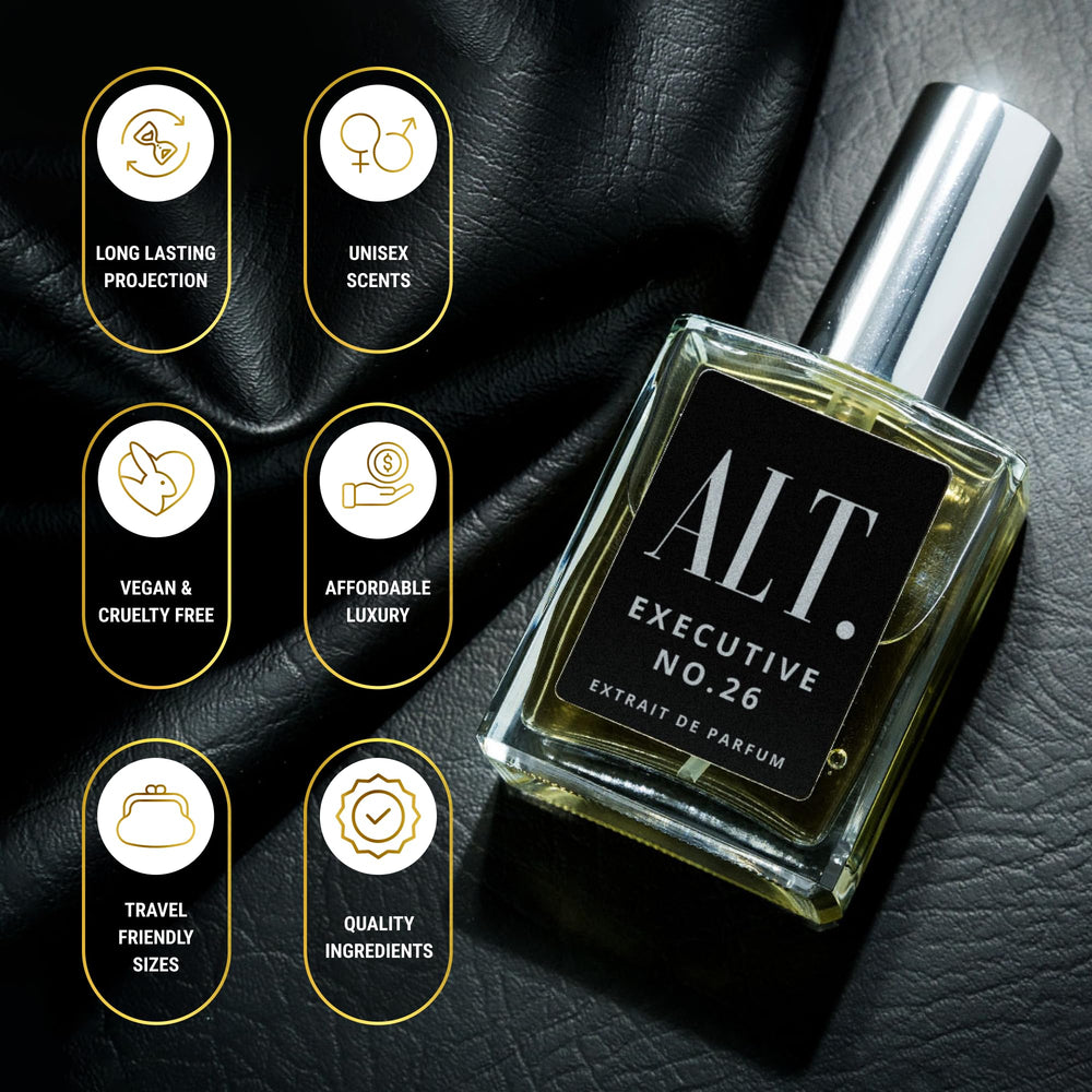 Alt. Fragrances Executive No. 26 spray bottle in motion, ideal for versatile day-to-night use.