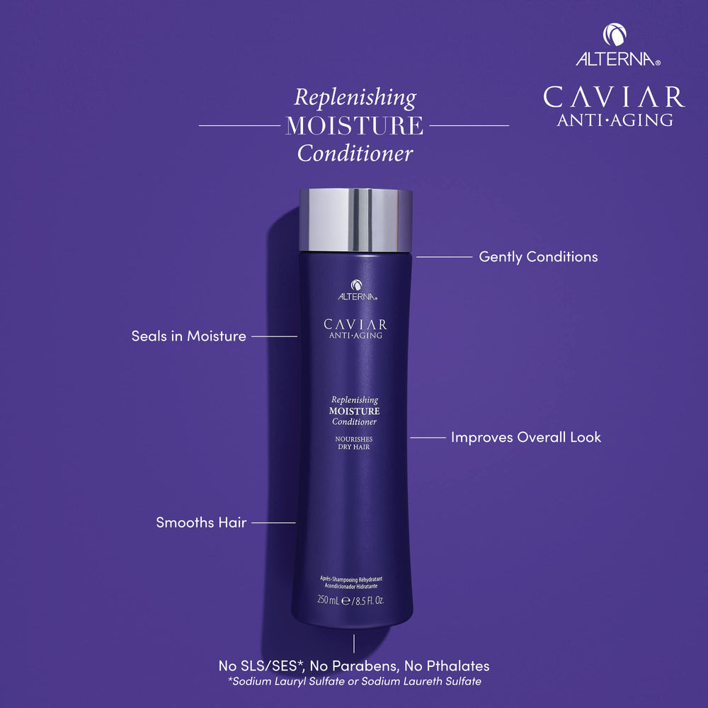 Alterna Caviar Anti-Aging Replenishing Moisture Conditioner label closeup highlighting a paraben-free formula.