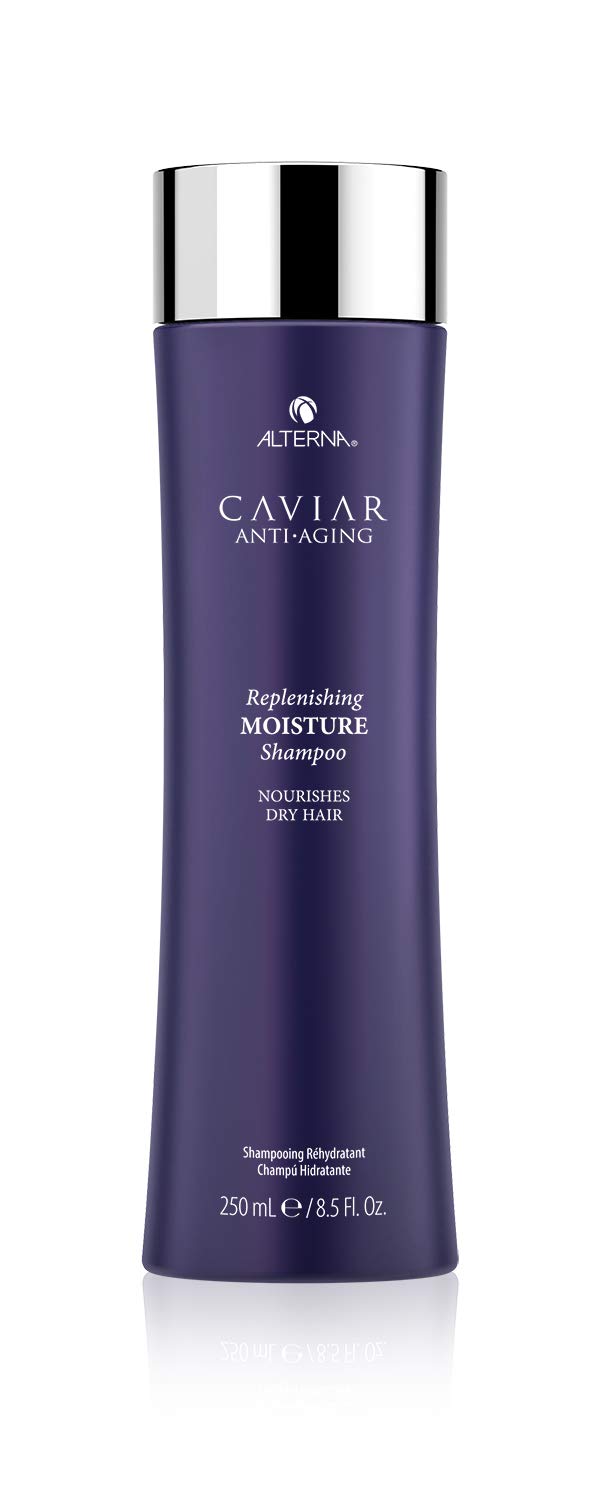 Alterna CAVIAR Anti Aging Replenishing Moisture Shampoo bottle showing premium packaging and color protection.