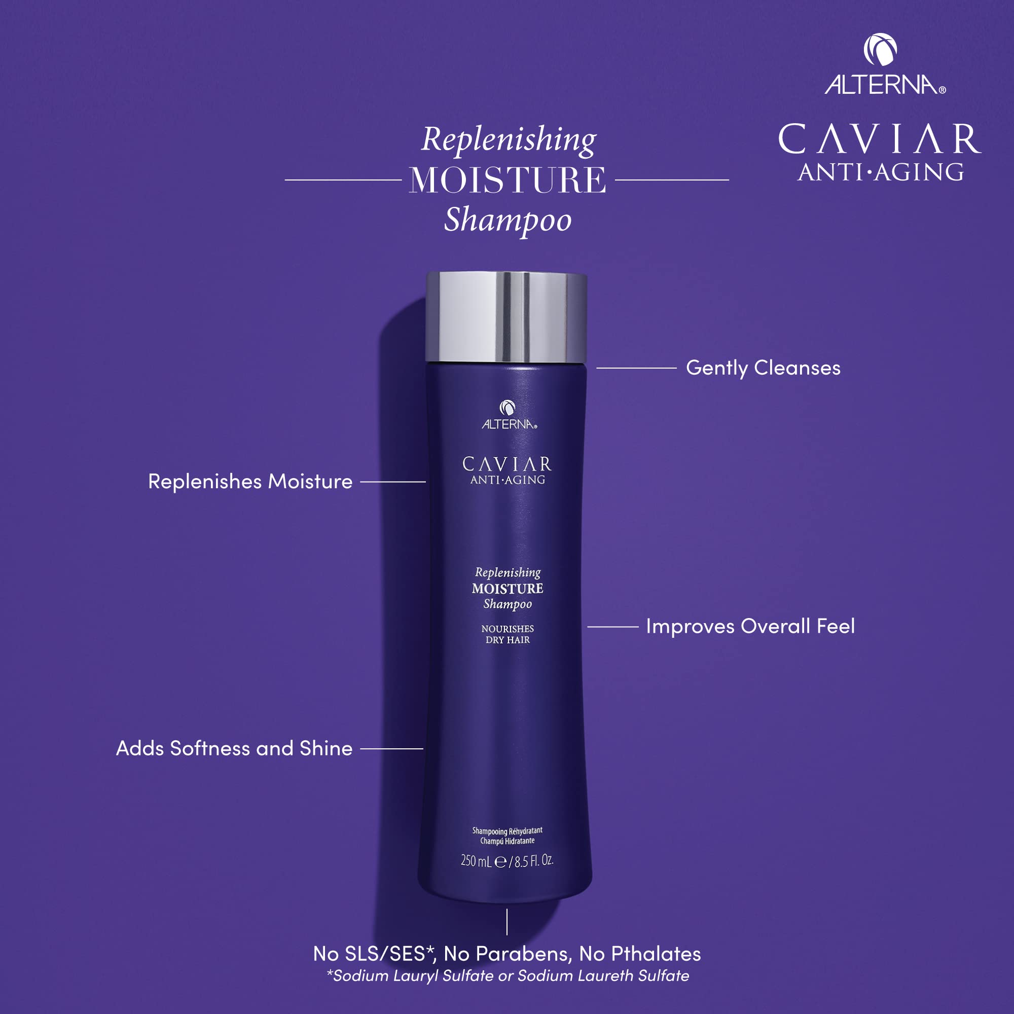 Alterna CAVIAR Anti Aging Replenishing Moisture Shampoo label highlights caviar extract.
