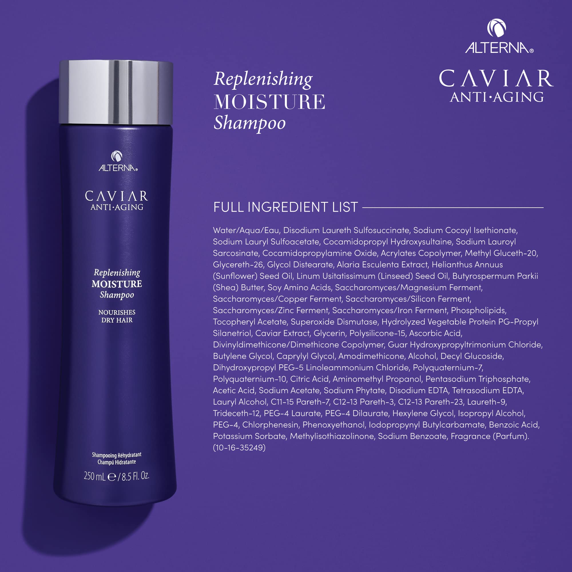Alterna CAVIAR Anti Aging Replenishing Moisture Shampoo display in a spa-inspired setup.