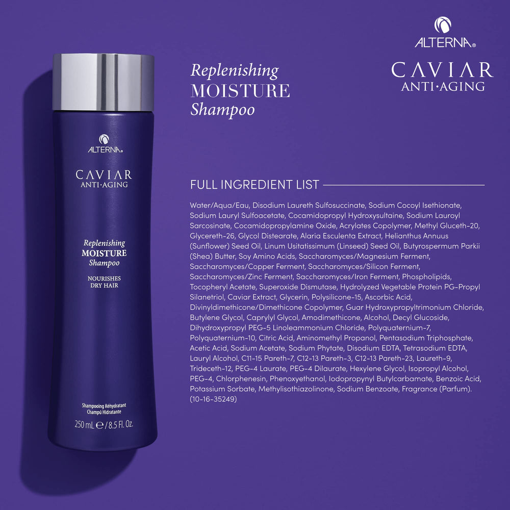 Alterna CAVIAR Anti Aging Replenishing Moisture Shampoo display in a spa-inspired setup.