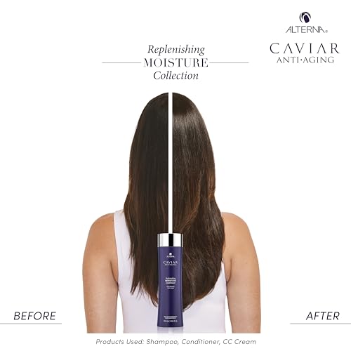 Alterna CAVIAR Anti Aging Replenishing Moisture Shampoo pump releasing rich foam for cleansing.