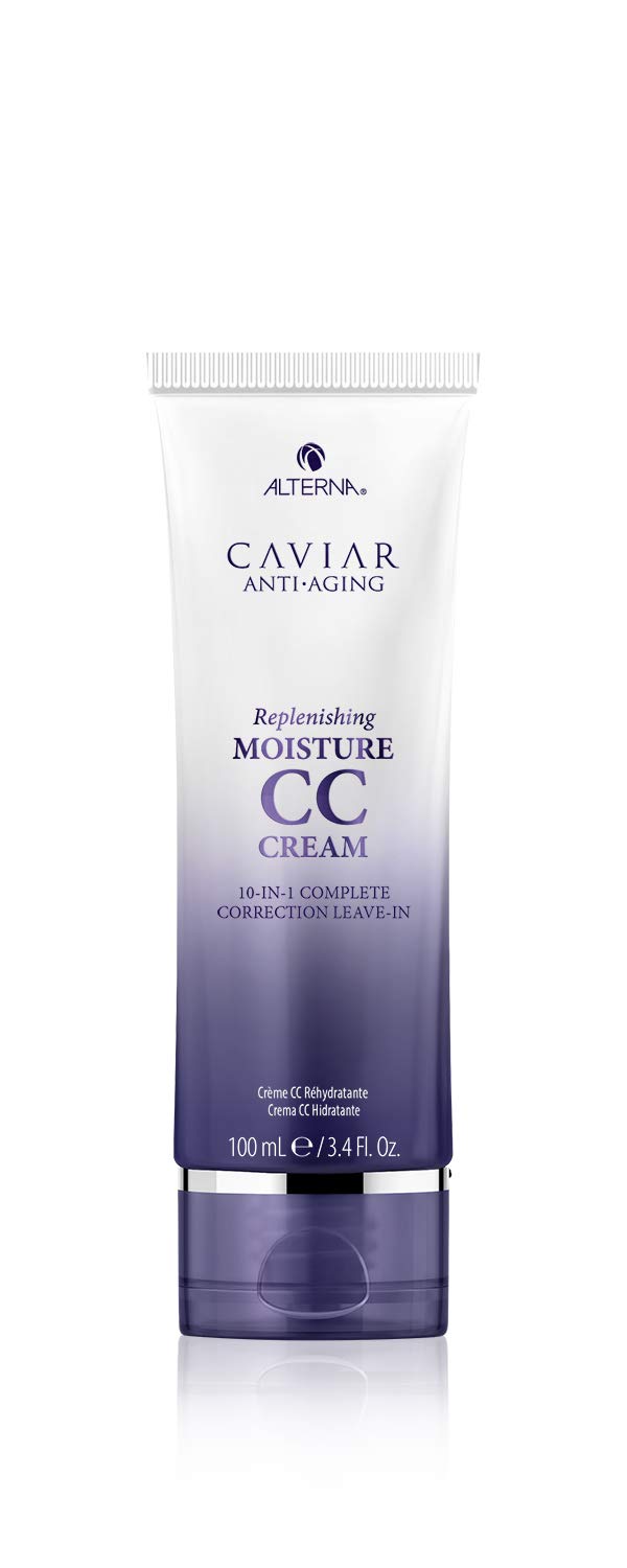 Alterna Caviar CC Cream bottle showcases 10-in-1 protection for healthy hair.