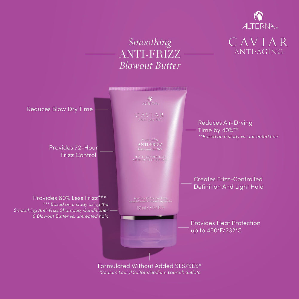 Alterna Caviar Omega Plus smoothing blend highlighting frizz reduction and manageability.