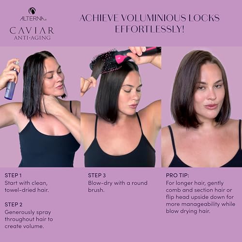 Alterna Caviar Anti-Aging Multiplying Volume Styling Mist nozzle enables even application.