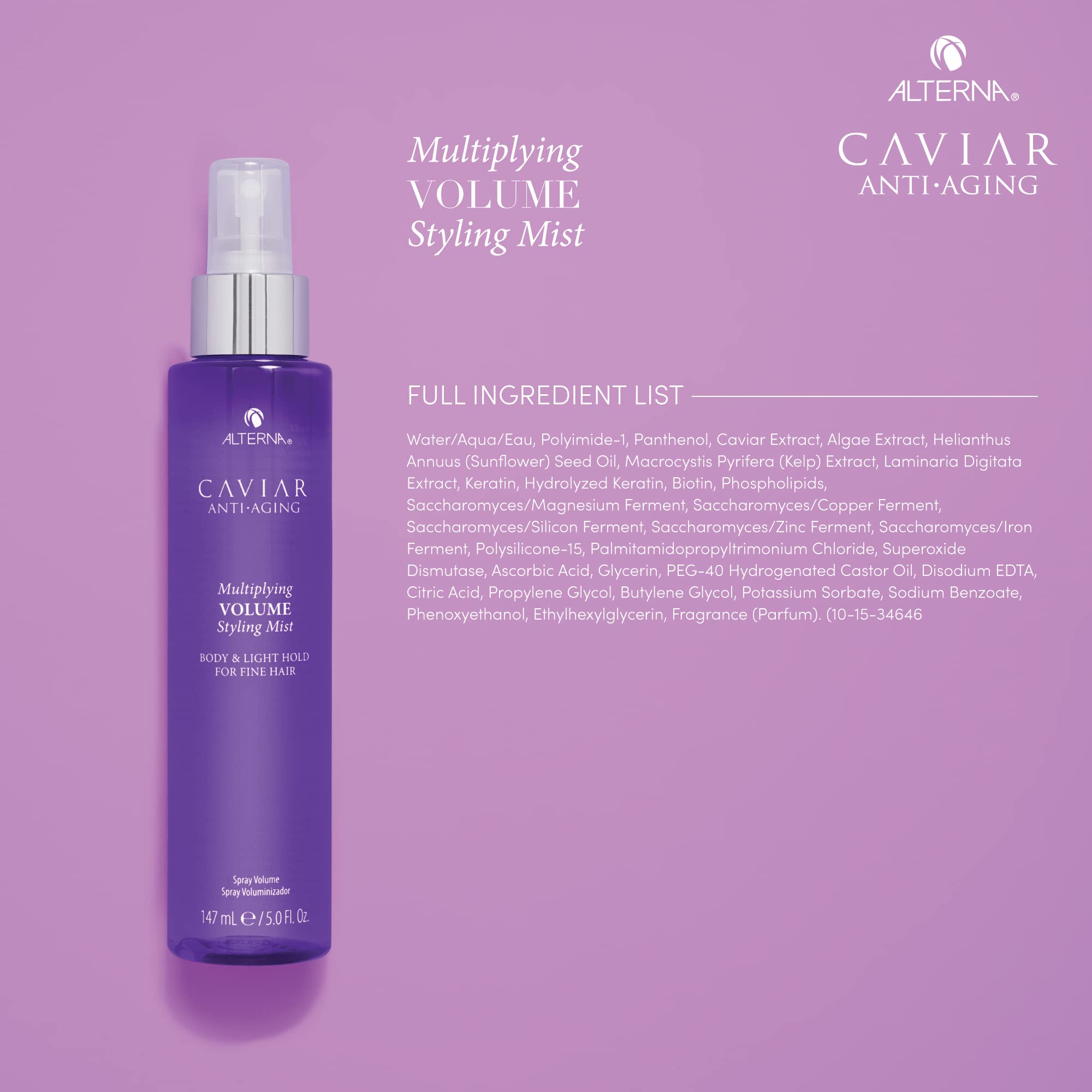 Packaging of Alterna Caviar Anti-Aging Multiplying Volume Styling Mist highlights the sulfate-free formula.