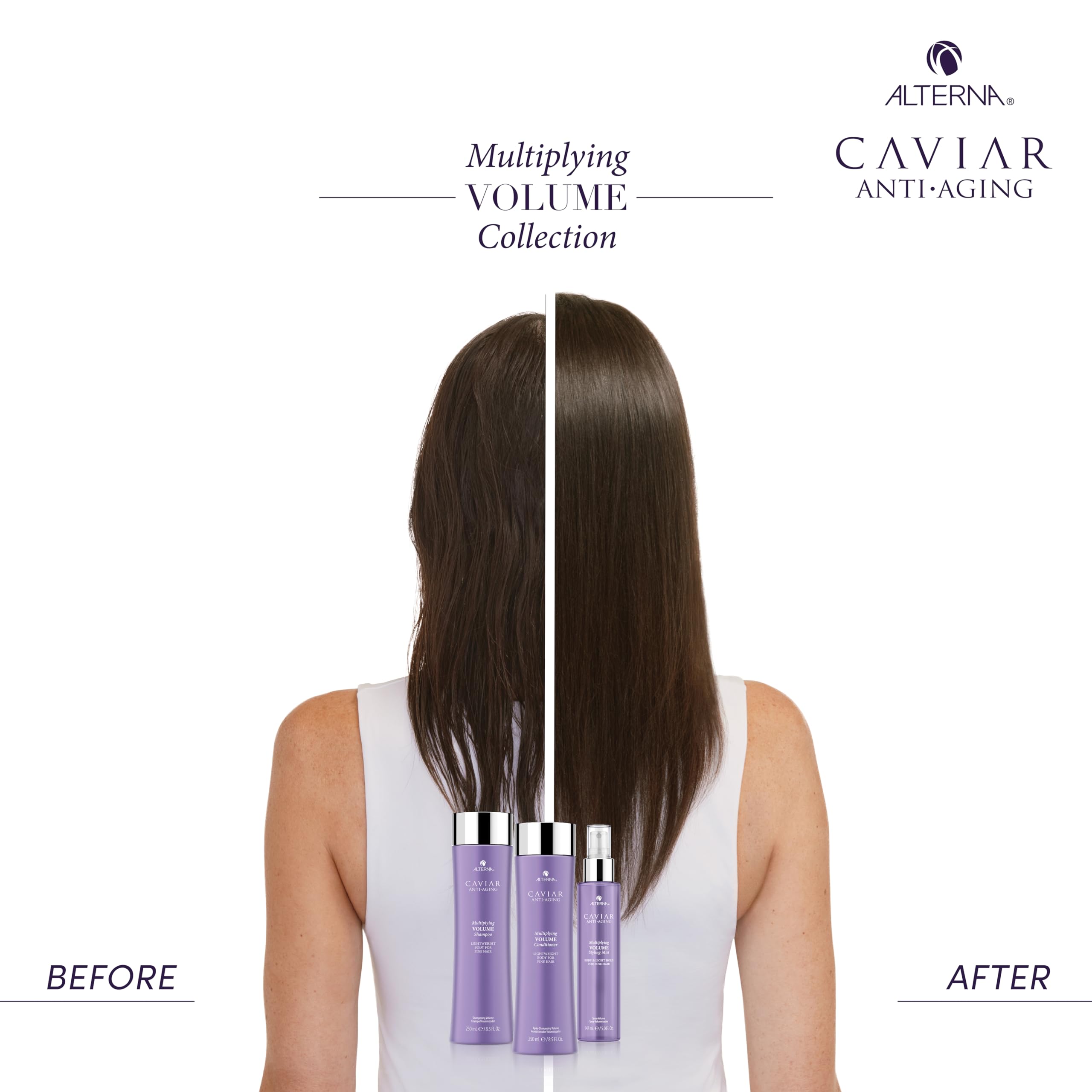 Alterna Caviar Anti-Aging Multiplying Volume Styling Mist adds shine and texture to hair.
