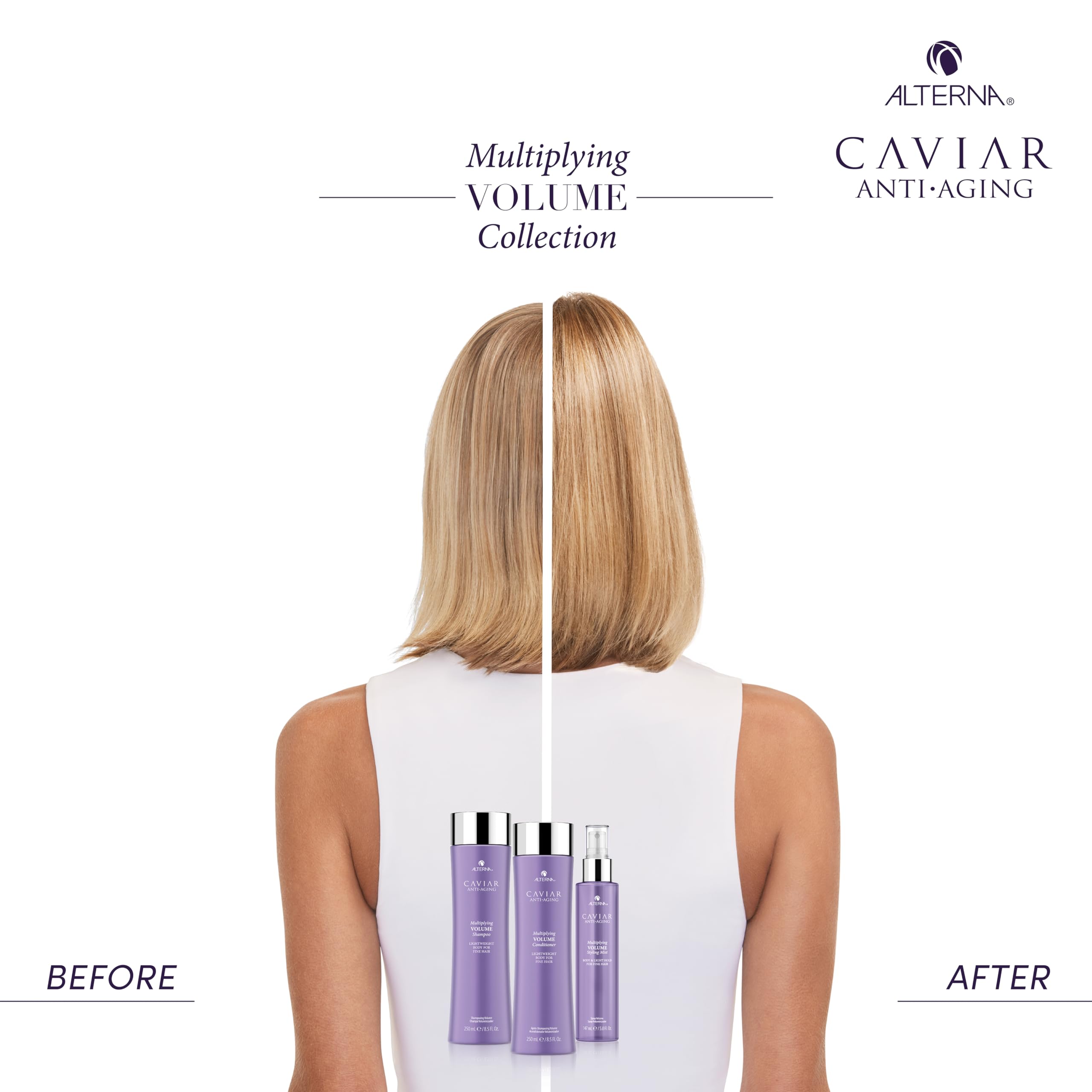 Product label for Alterna Caviar Anti-Aging Multiplying Volume Styling Mist indicates light hold.