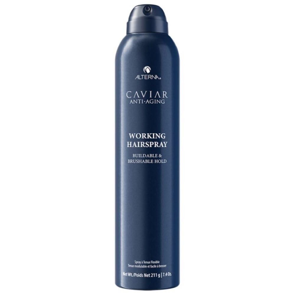 Alterna Caviar Working Hairspray bottle showing ultra-dry brushable hold