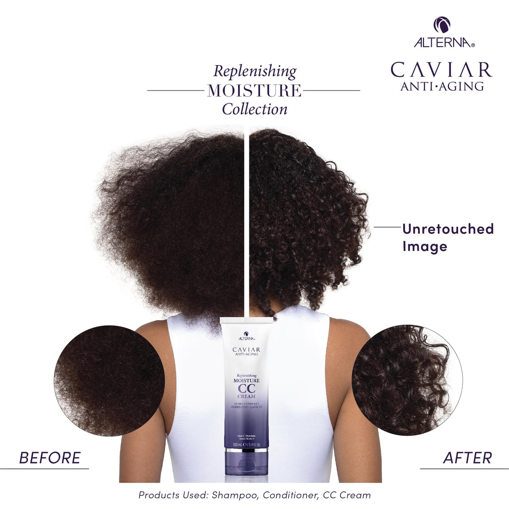 Alterna Caviar CC Cream being applied evenly across mid-lengths.
