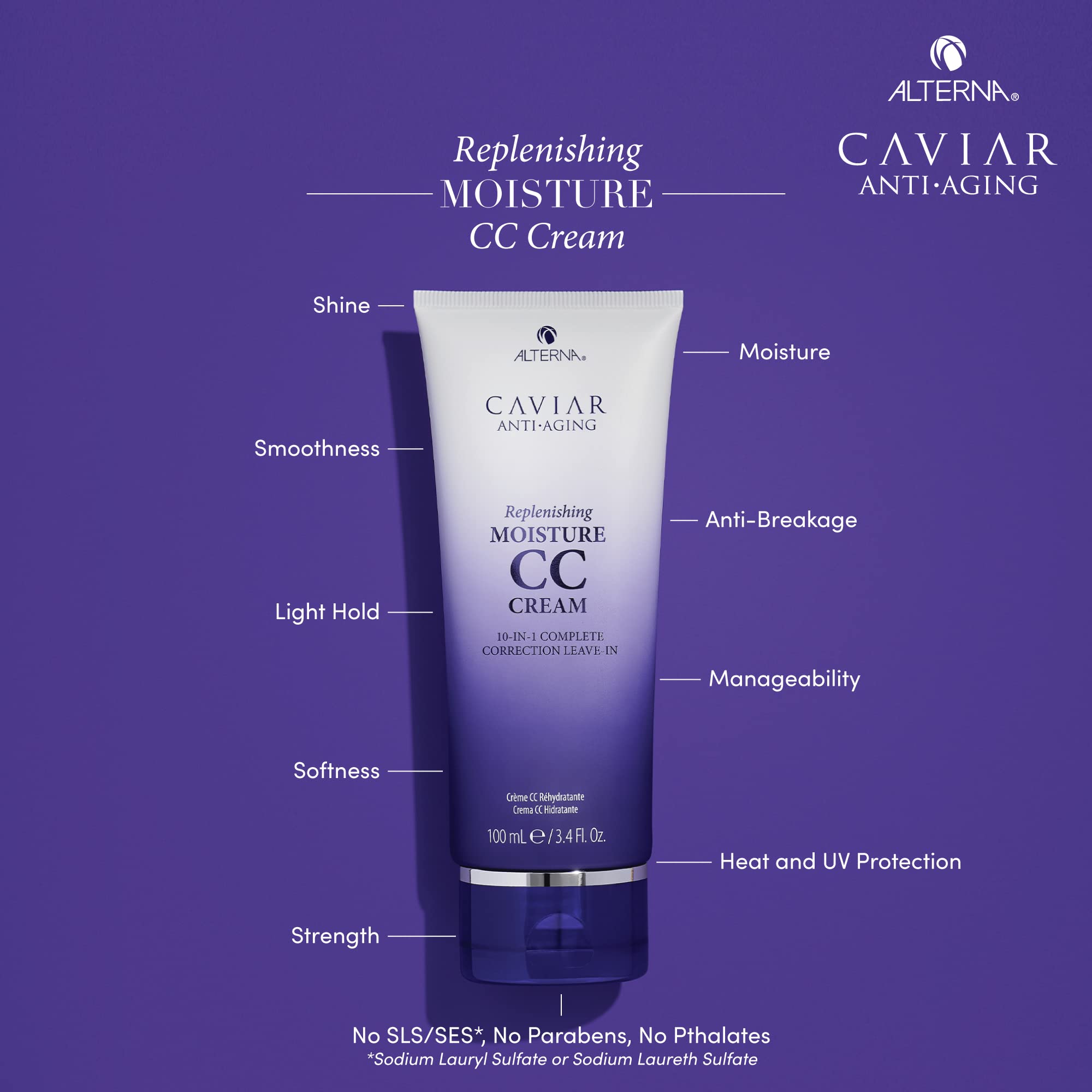 Alterna Caviar CC Cream bottle close-up highlighting 10-in-1 benefits.