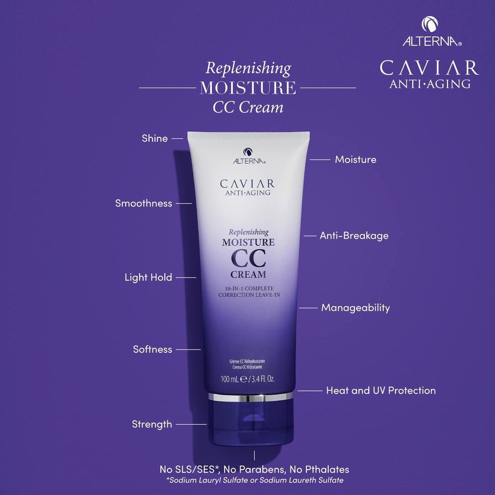Alterna Caviar CC Cream bottle close-up highlighting 10-in-1 benefits.
