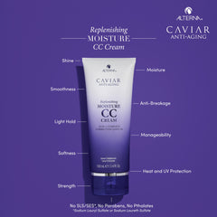 Alterna Caviar CC Cream bottle close-up highlighting 10-in-1 benefits.