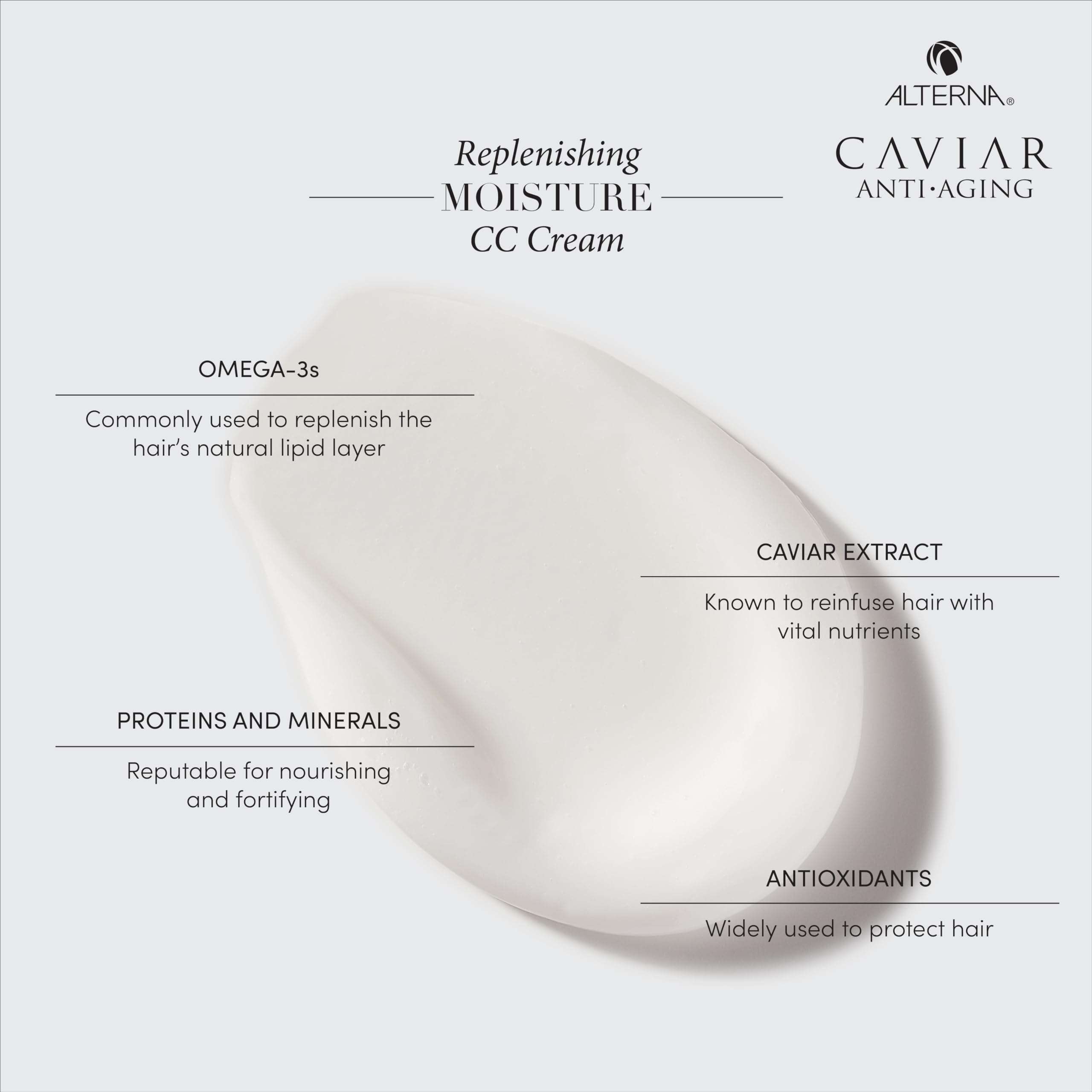 Alterna Caviar CC Cream dab on hair ends for shine.