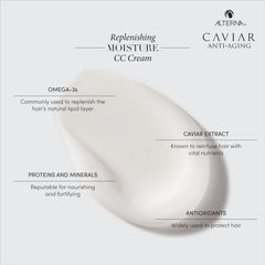 Alterna Caviar CC Cream dab on hair ends for shine.