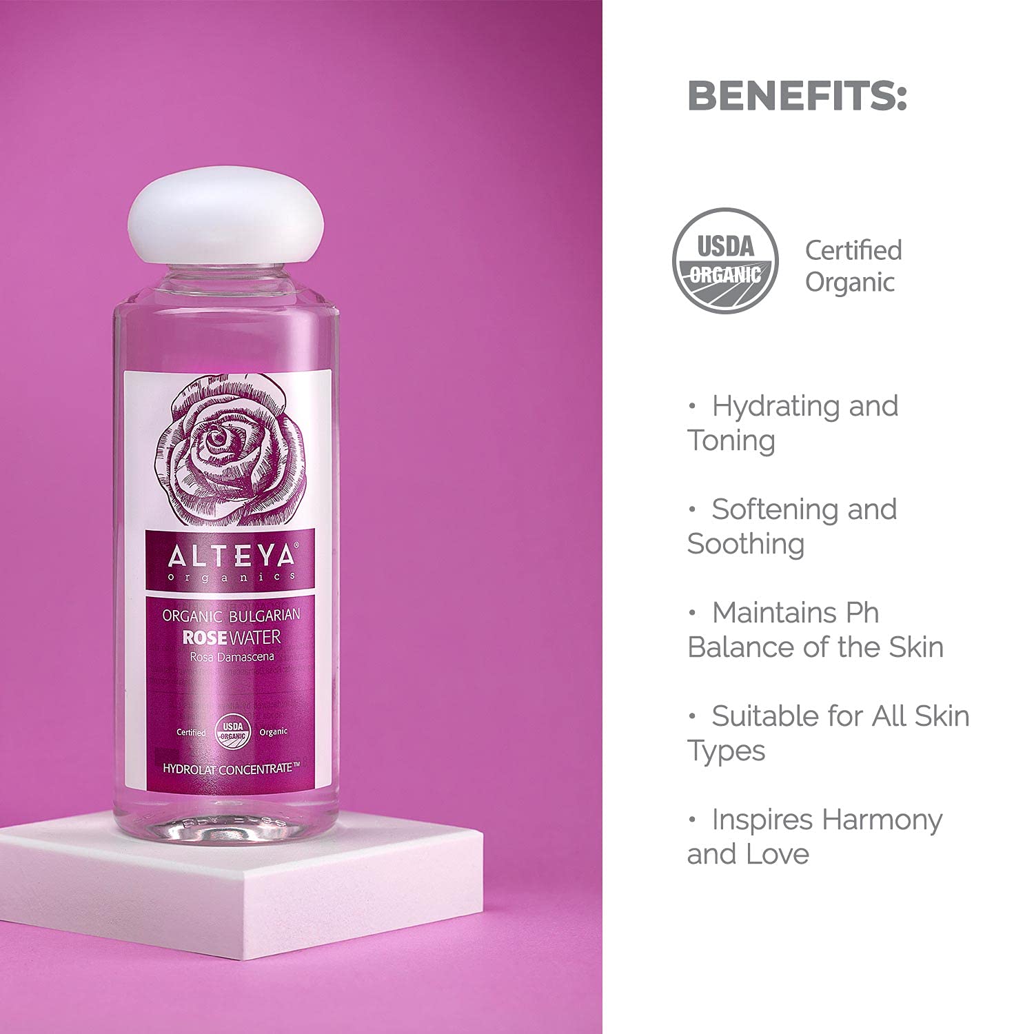 Uso diario con agua de rosas Alteya Organics para frescura.