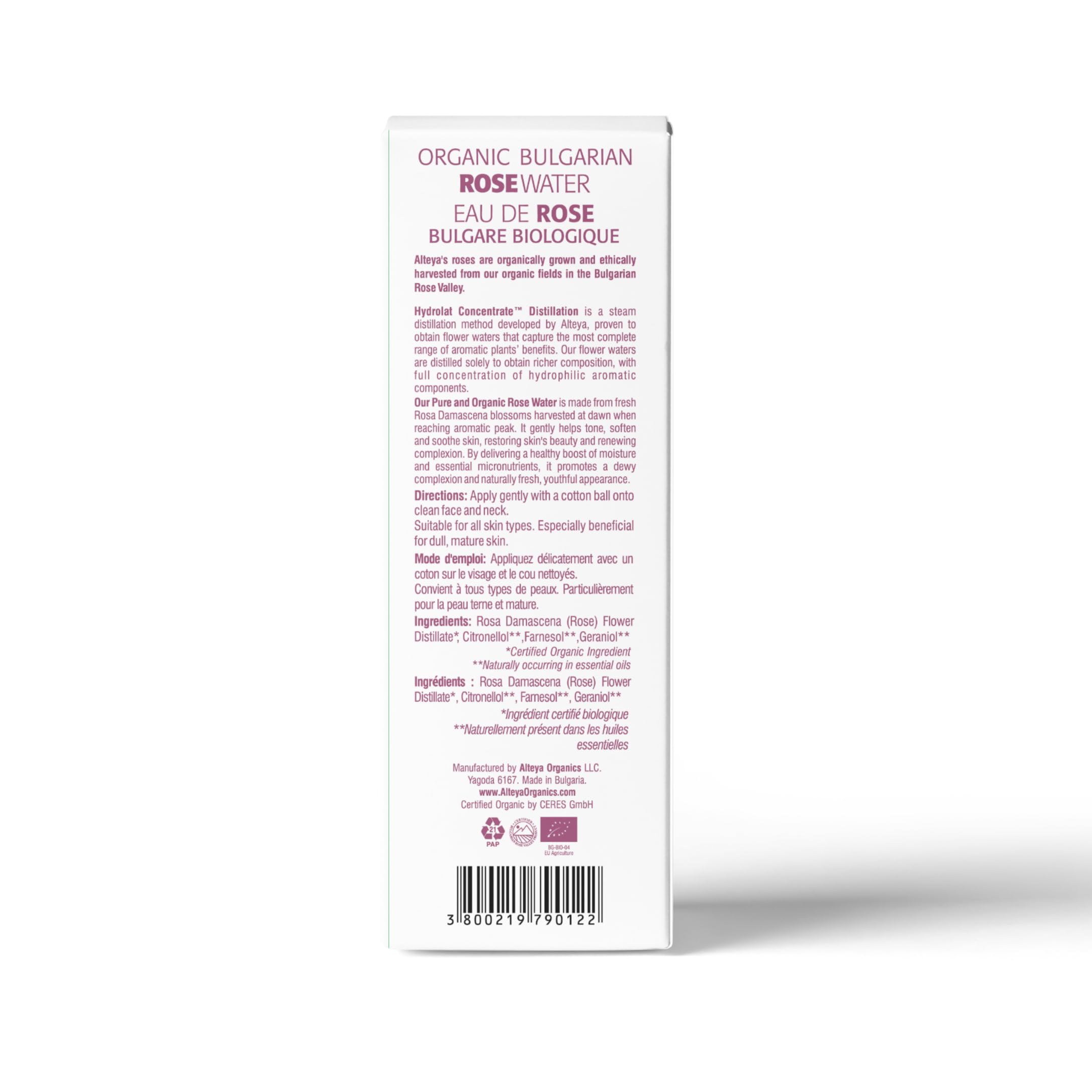 Close-up of Alteya Rose Water Toner bottle showing pure hydrosol quality