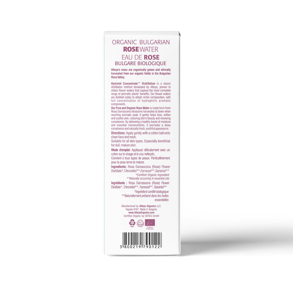 Close-up of Alteya Rose Water Toner bottle showing pure hydrosol quality