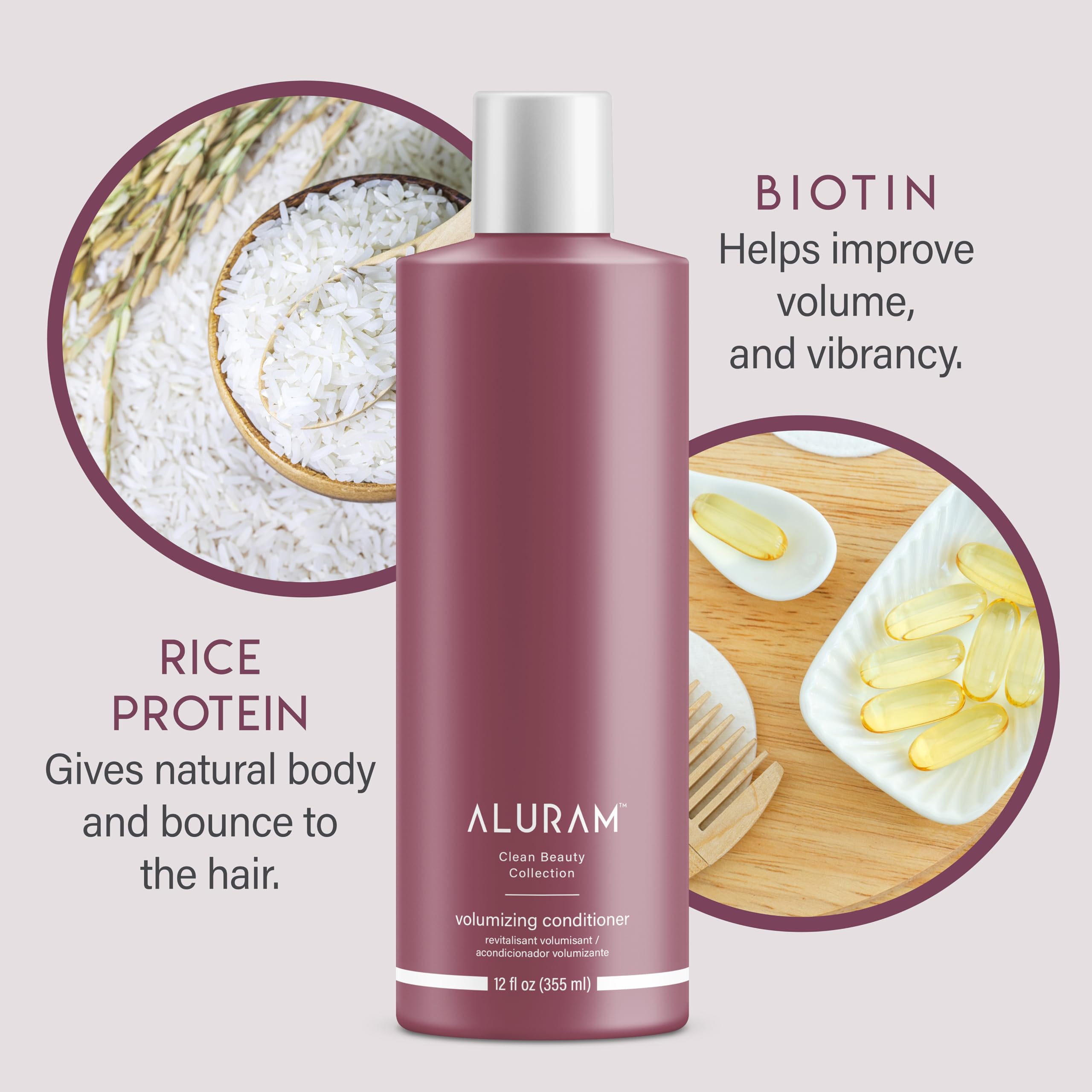 ALURAM Acondicionador Volumen, proteína de arroz y biotina fortalecen mechones.