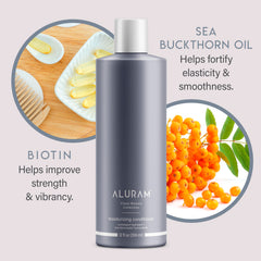 ALURAM bottle on a clean bathroom shelf signaling modern, responsible hair care.
