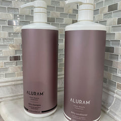 ALURAM conditioner application scene shows smooth detangling and easy manageability.
