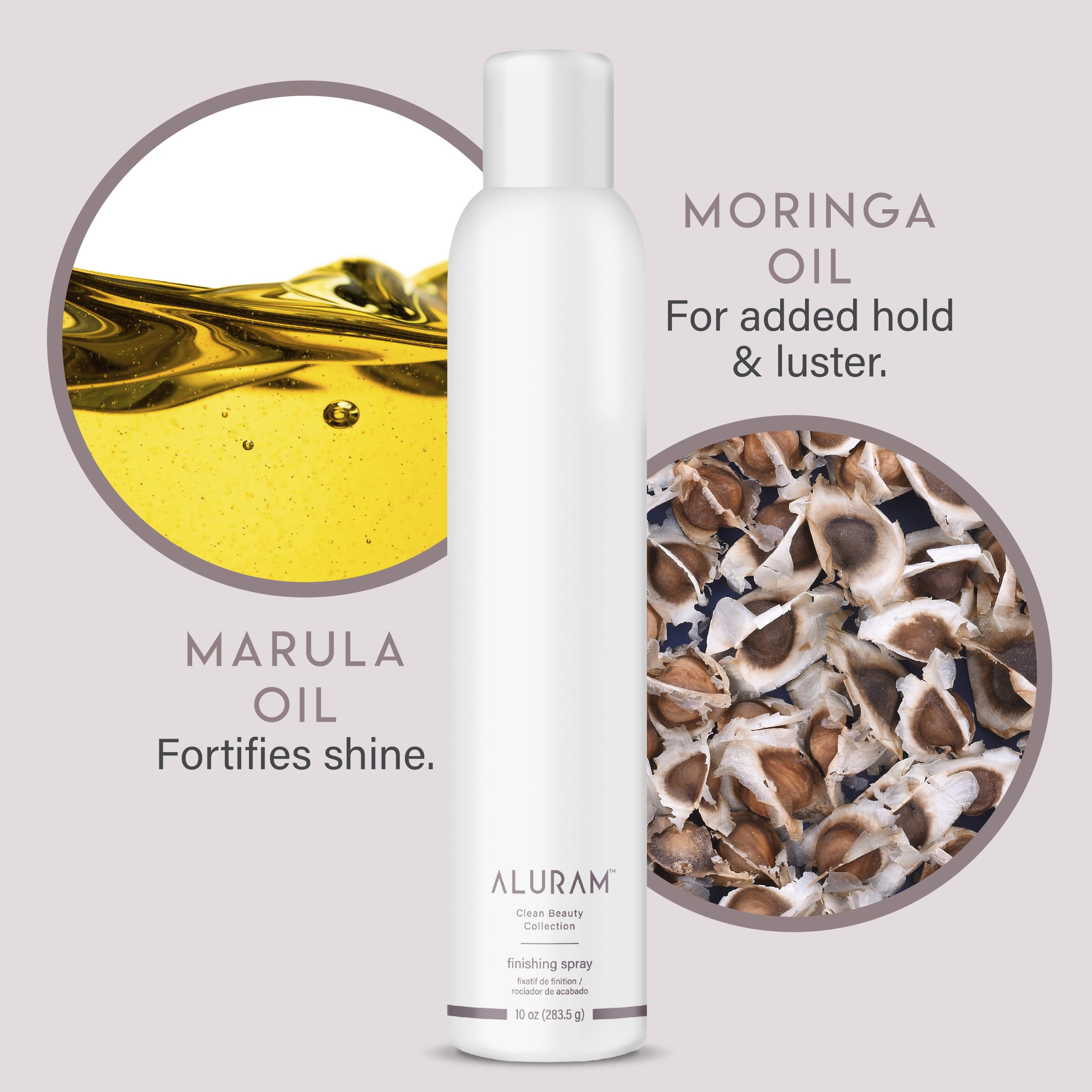 ALURAM Finishing Spray nourishes with Marula, Moringa, and Coconut oils for hydration.