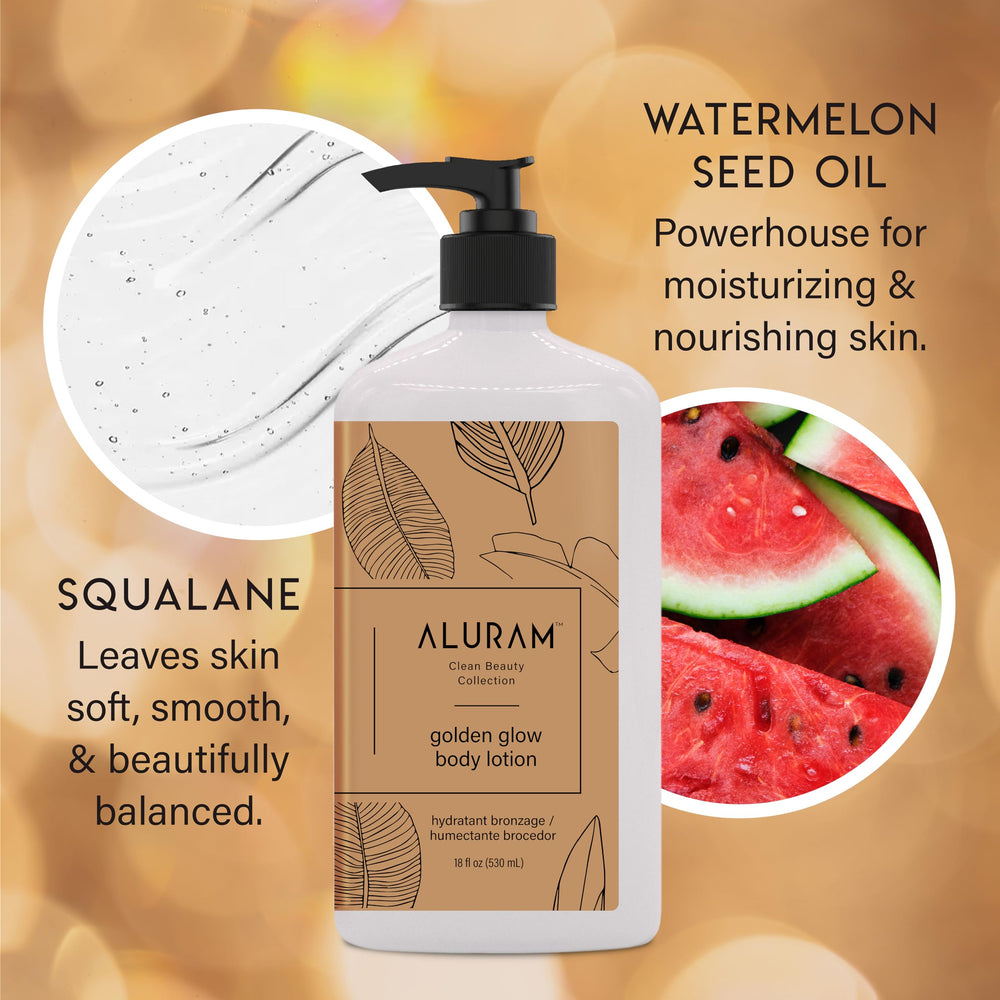 ALURAM Golden Glow Lotion closeup texture reveals lightweight moisture and smooth finish