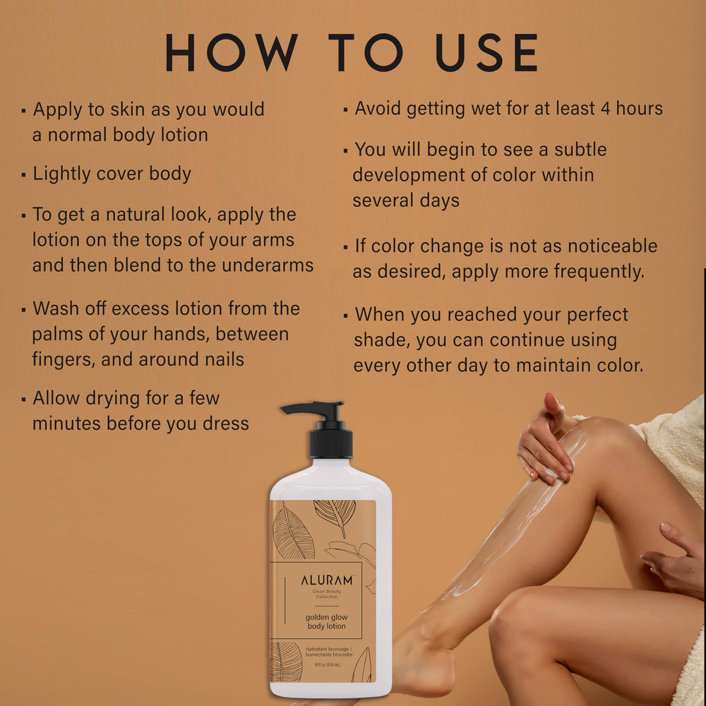 ALURAM Golden Glow Lotion packaging demonstrates clean beauty and nourishing ingredients