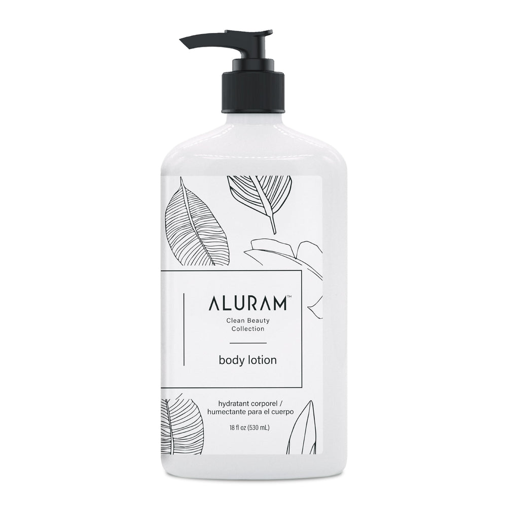 ALURAM Moisturizing Body Lotion bottle-pour showing coconut water infusion for quick hydration