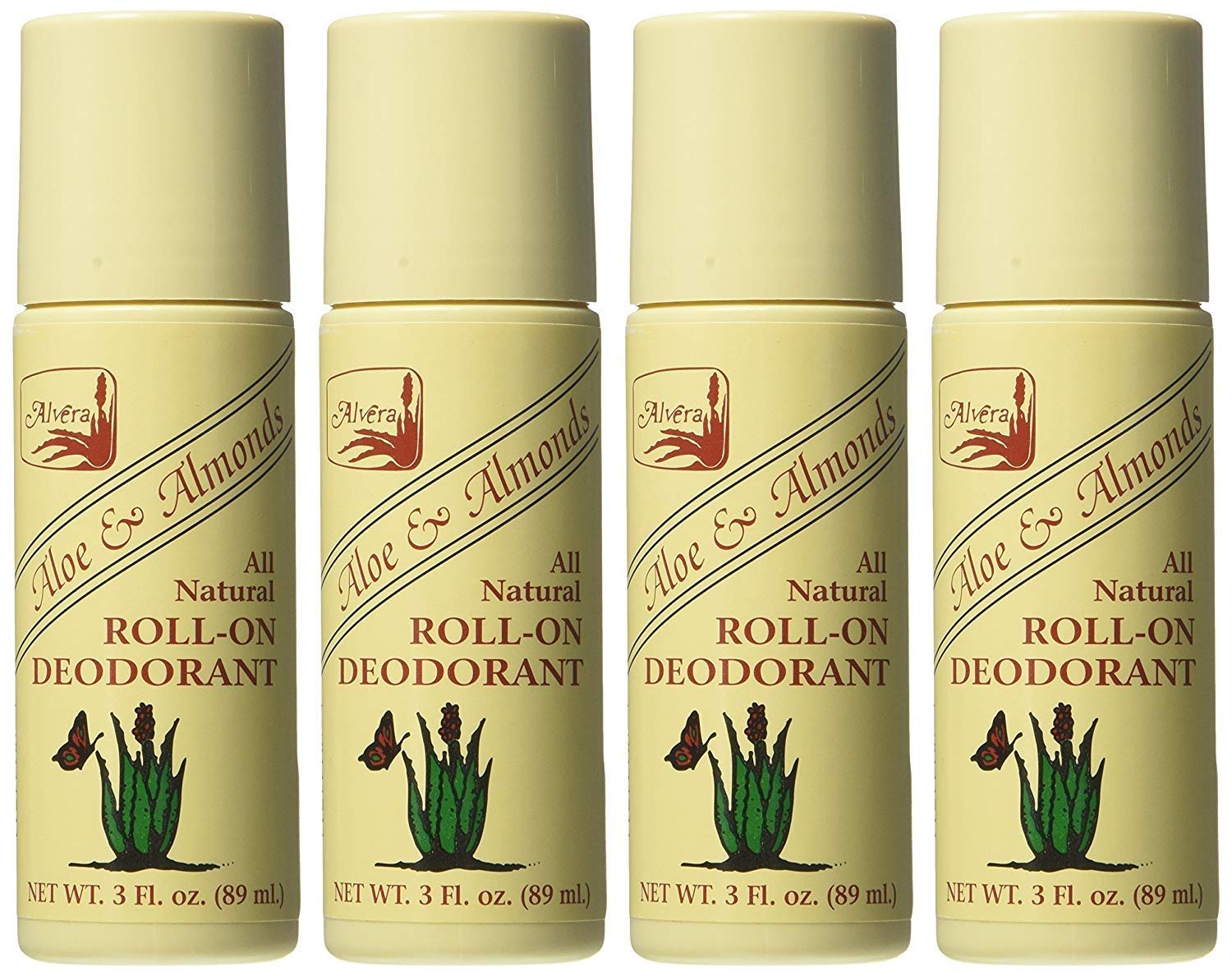 Alvera Aloe & Almonds roll-on deodorant bottle front view for natural all-day freshness.