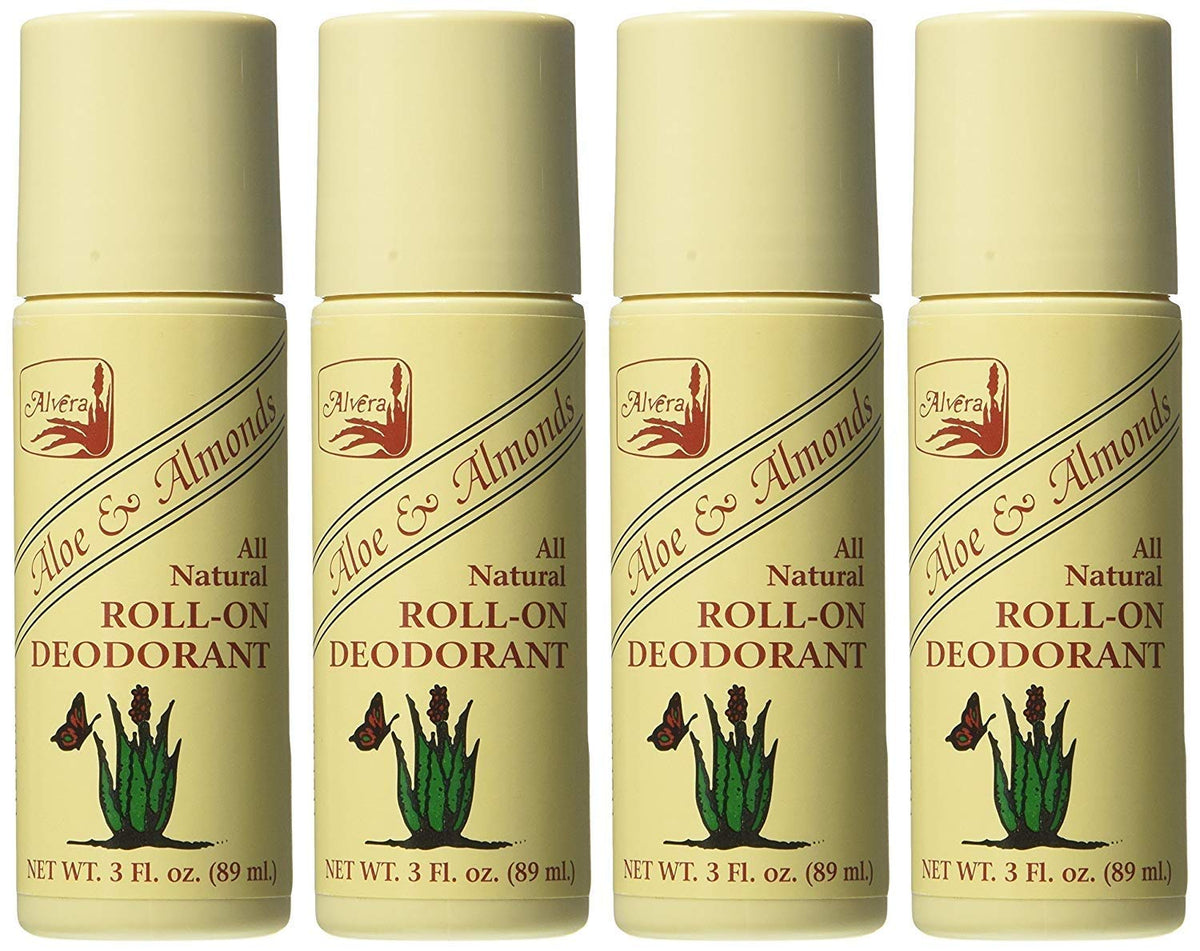Alvera Aloe & Almonds roll-on deodorant bottle front view for natural all-day freshness.