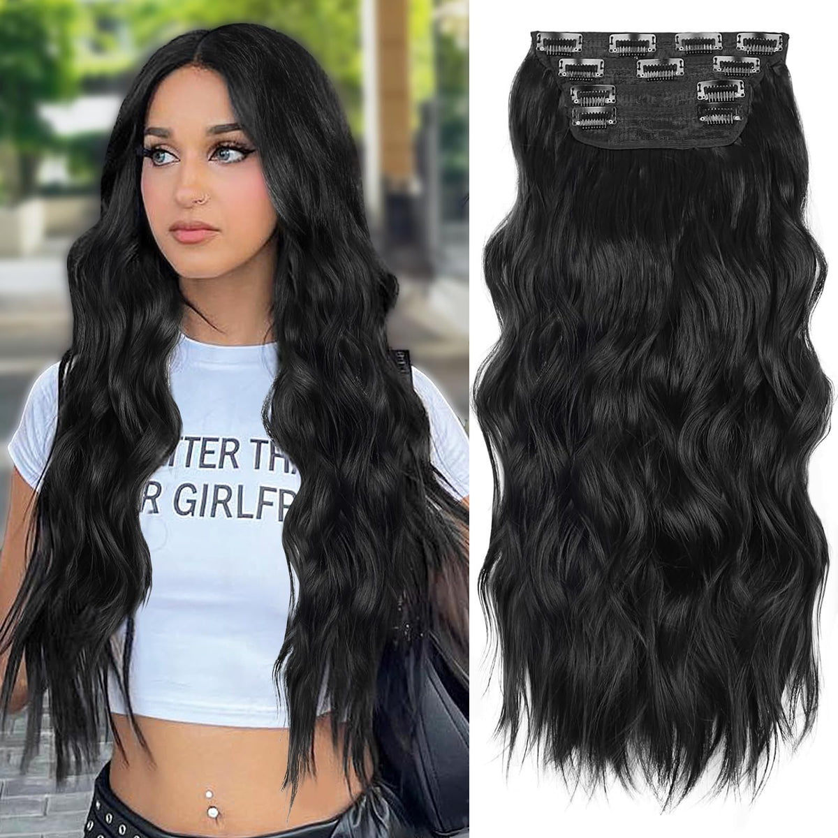 ALXNAN long wavy clip-in extension in black adds instant length and volume.