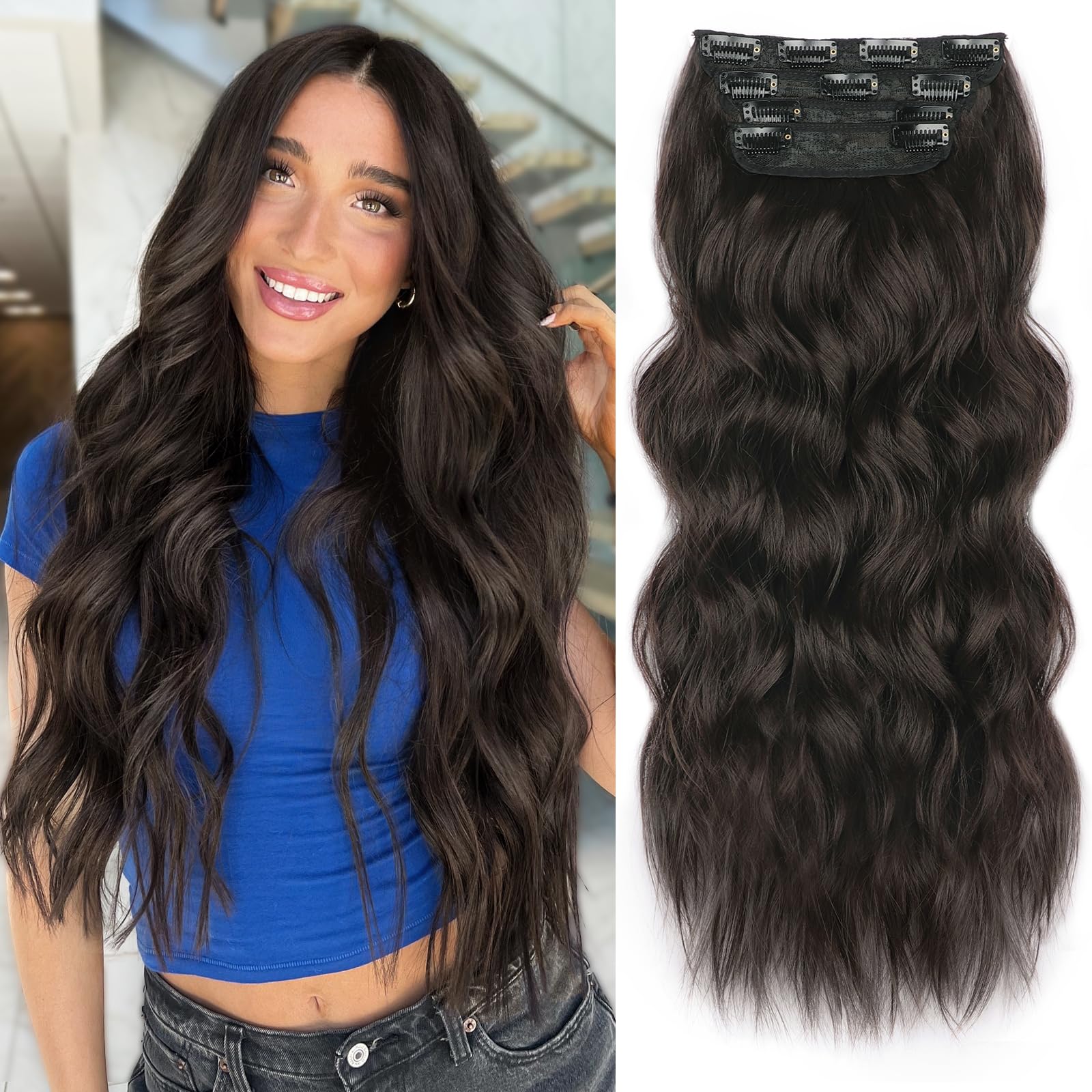 ALXNAN clip-in long wavy extension 24in in dark brown adds instant volume.