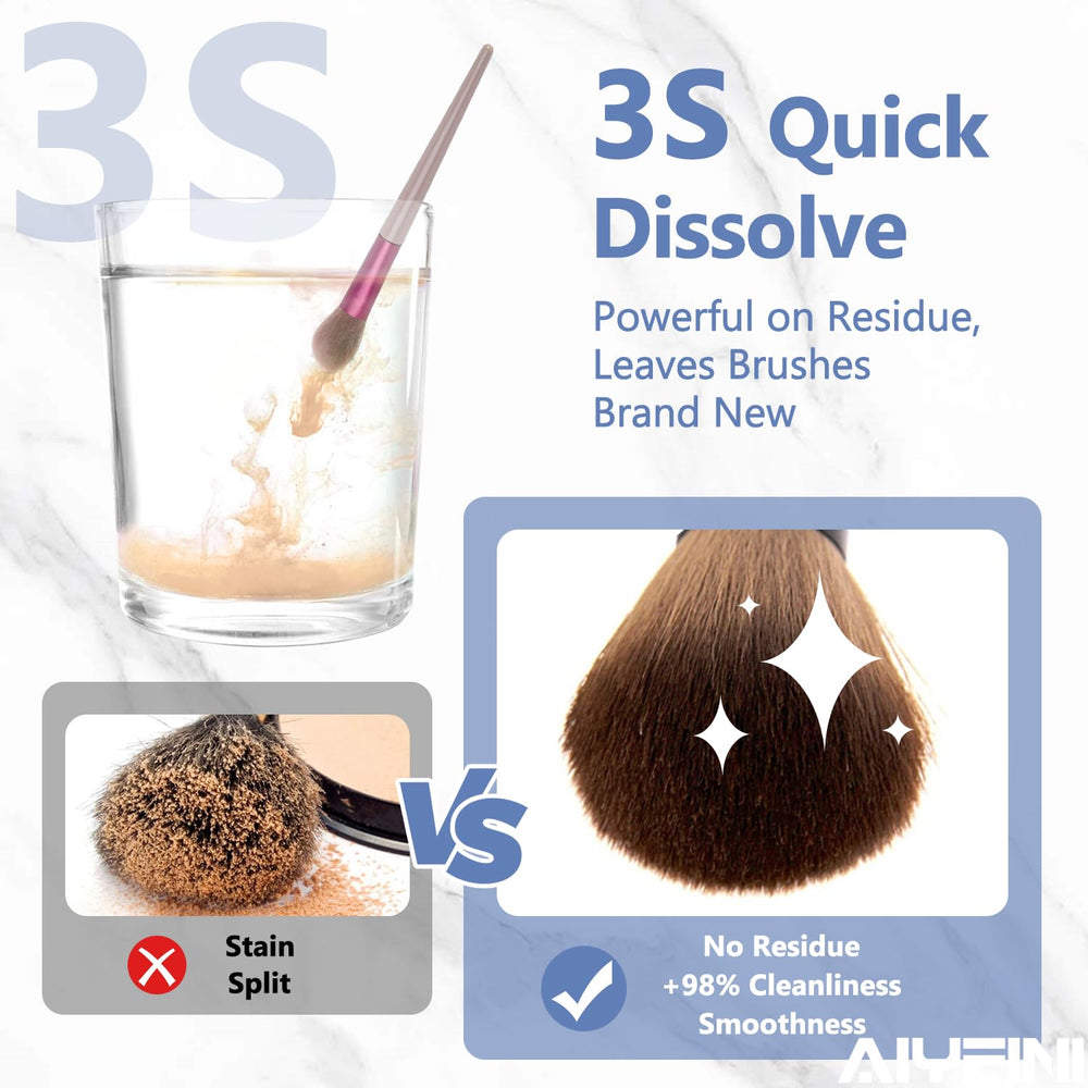 Alyfini Makeup Brush Shampoo back label highlights safety for natural and synthetic bristles.