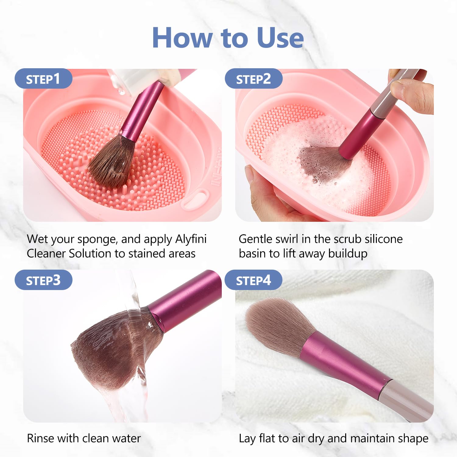 Alyfini Makeup Brush Shampoo residue-free-clean-tools highlights brushes ready after wash.