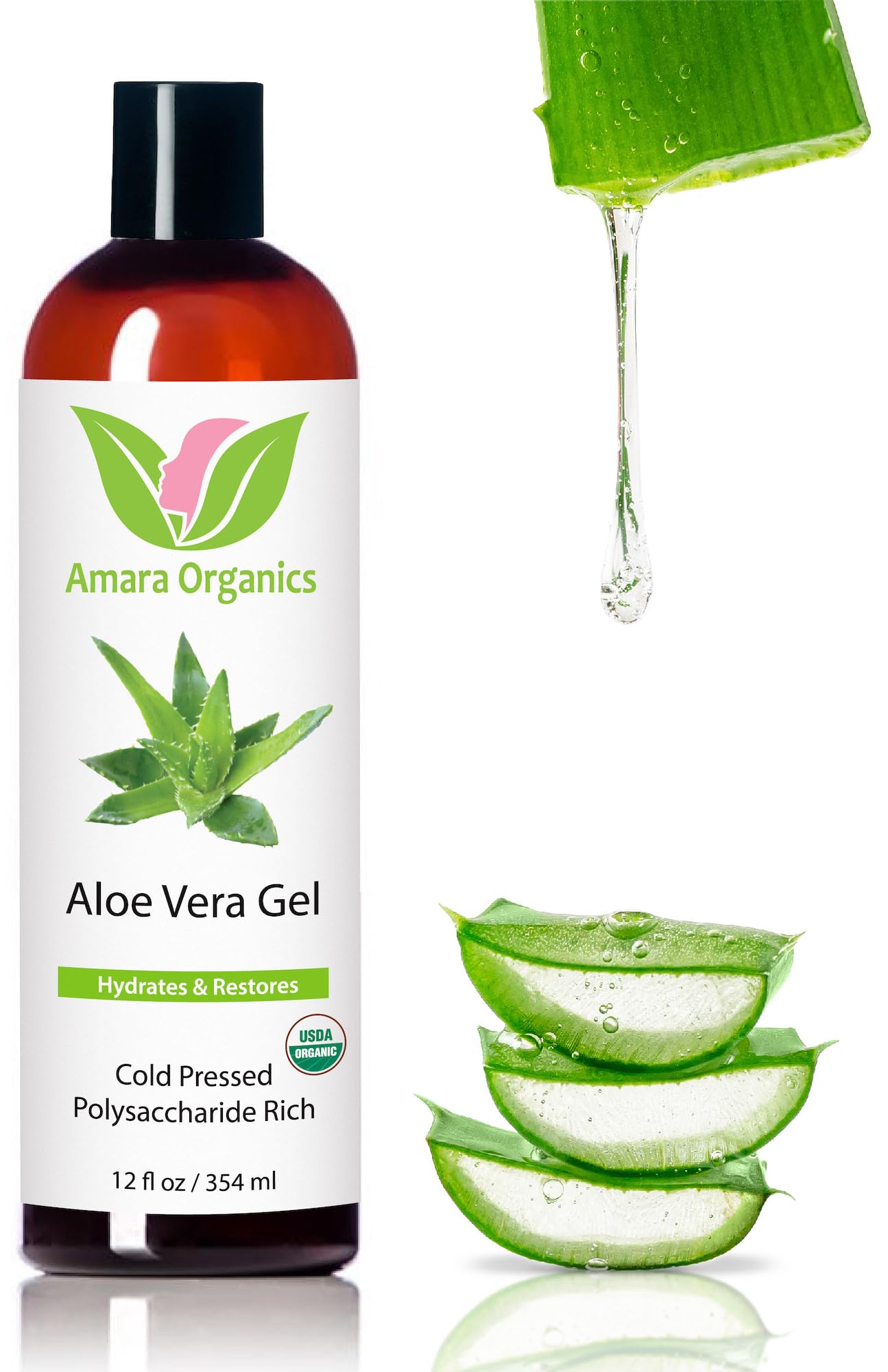 Amara Beauty Gel Aloe Vera Orgánico en botella de 12oz para piel suave
