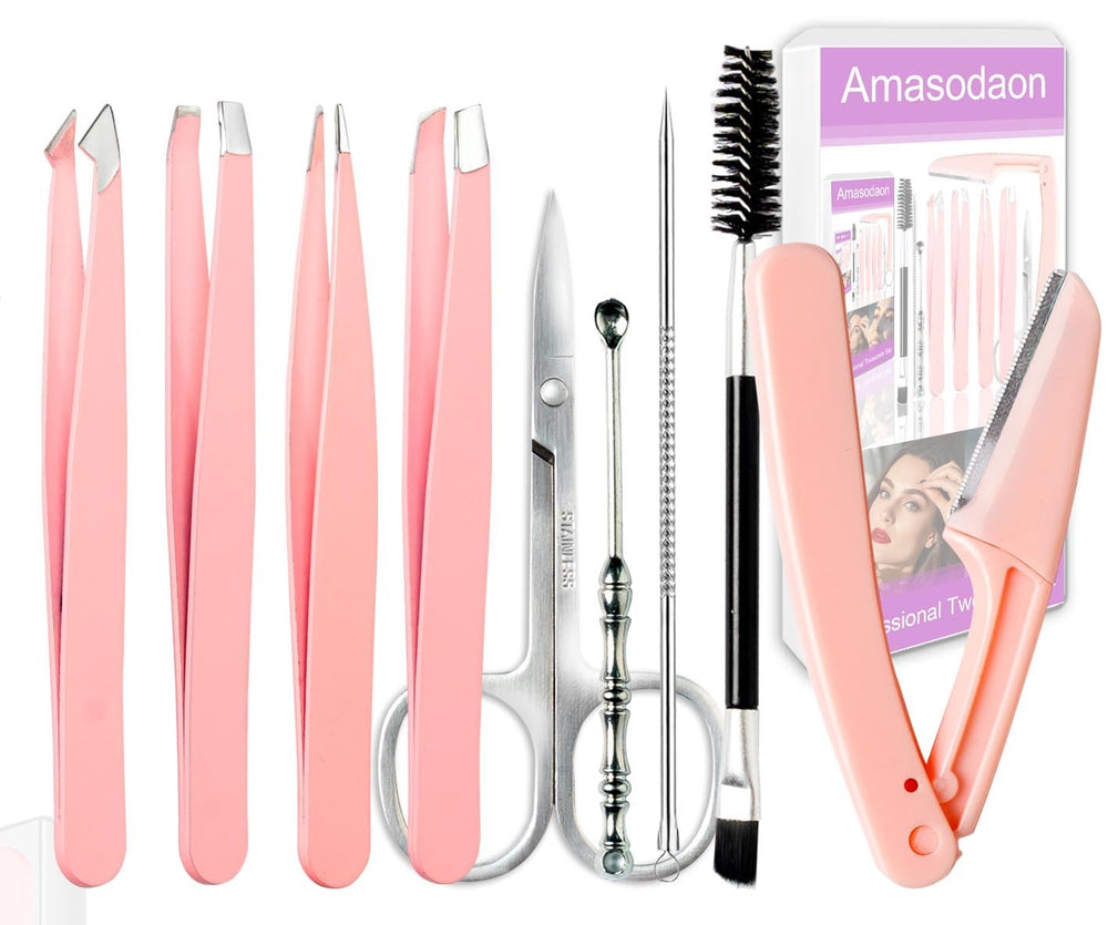 Amasodaon tweezers set close up showing precision tips for flawless eyebrow work