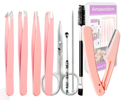 Amasodaon tweezers set close up showing precision tips for flawless eyebrow work