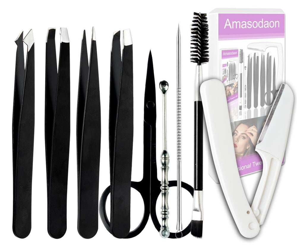 Amasodaon Tweezers Set with precision tips for clean eyebrow shaping.