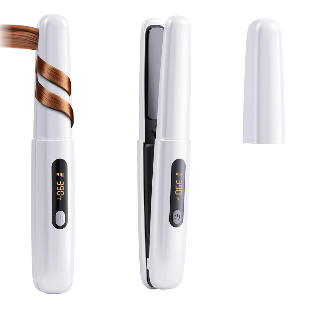 Amazebra cordless mini styler, palm-sized for travel-ready styling.