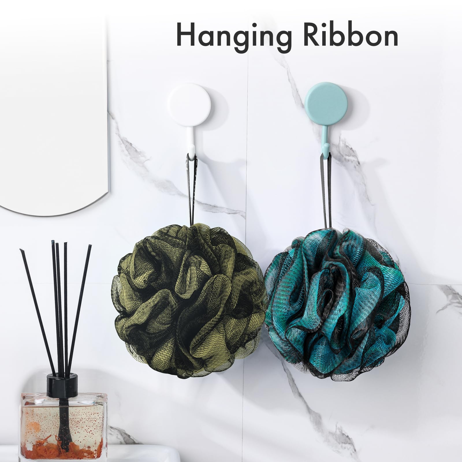 AmazerBath charcoal loofah hanging ribbon eases storage.