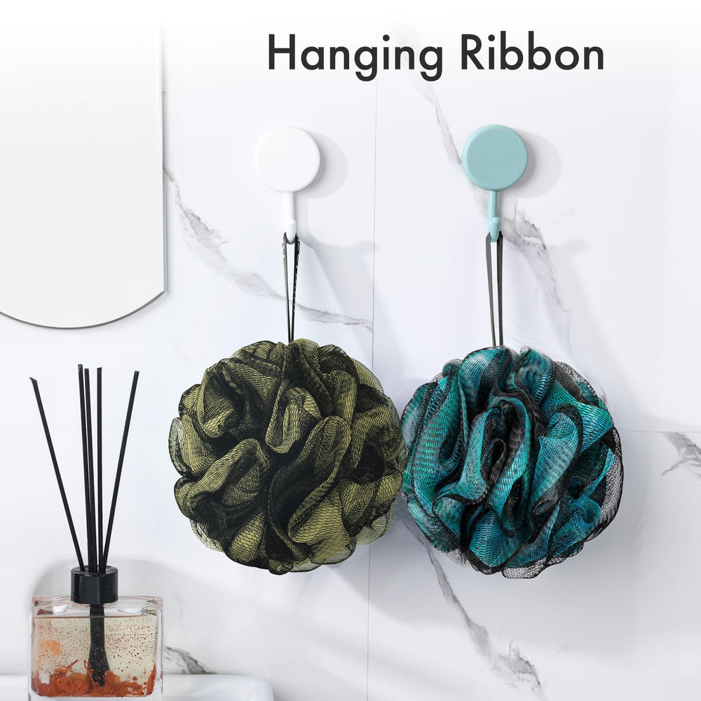 AmazerBath charcoal loofah hanging ribbon eases storage.